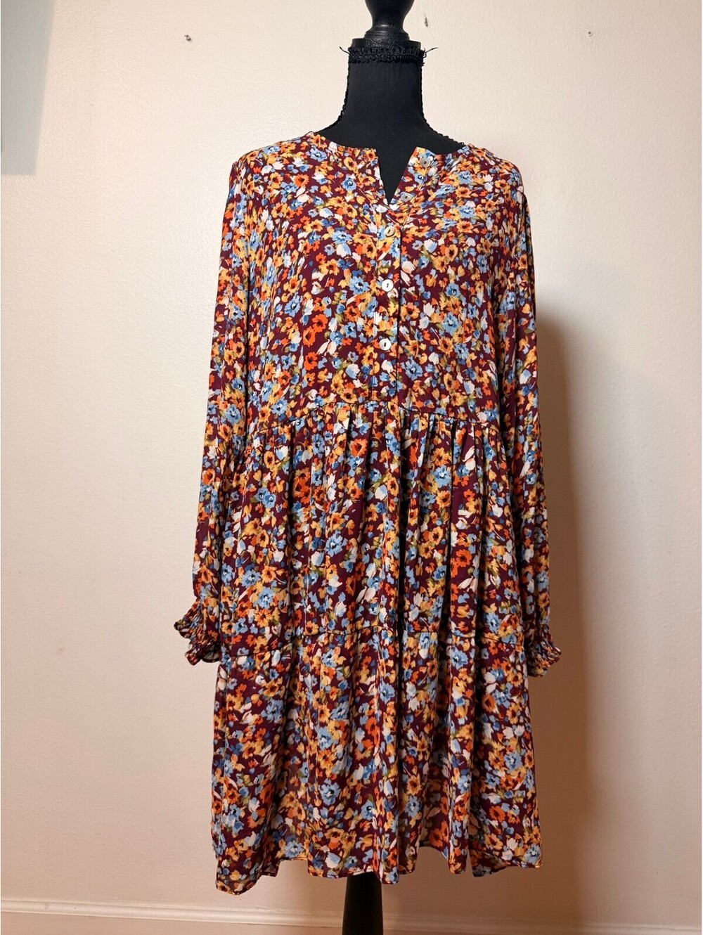 Emma Michele Burgundy Floral Midi Dress L Long Sleeve Button Front